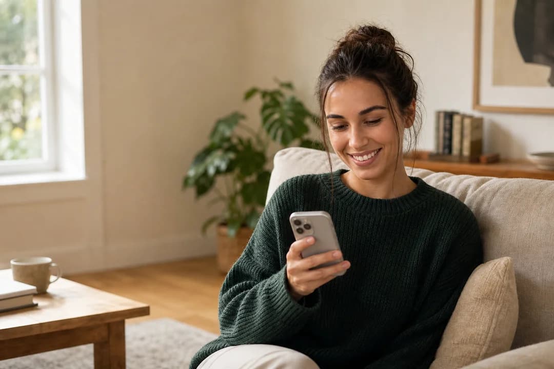 Kundin beantwortet die PrüfKraft-Gesundheitsfragen entspannt am Smartphone